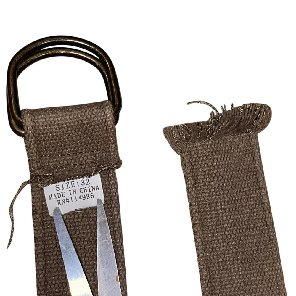 Unisex Canvas Y2K Woven 46” Solid Dark Khaki D-Ring Wide‎ Casual Belt Frayed End